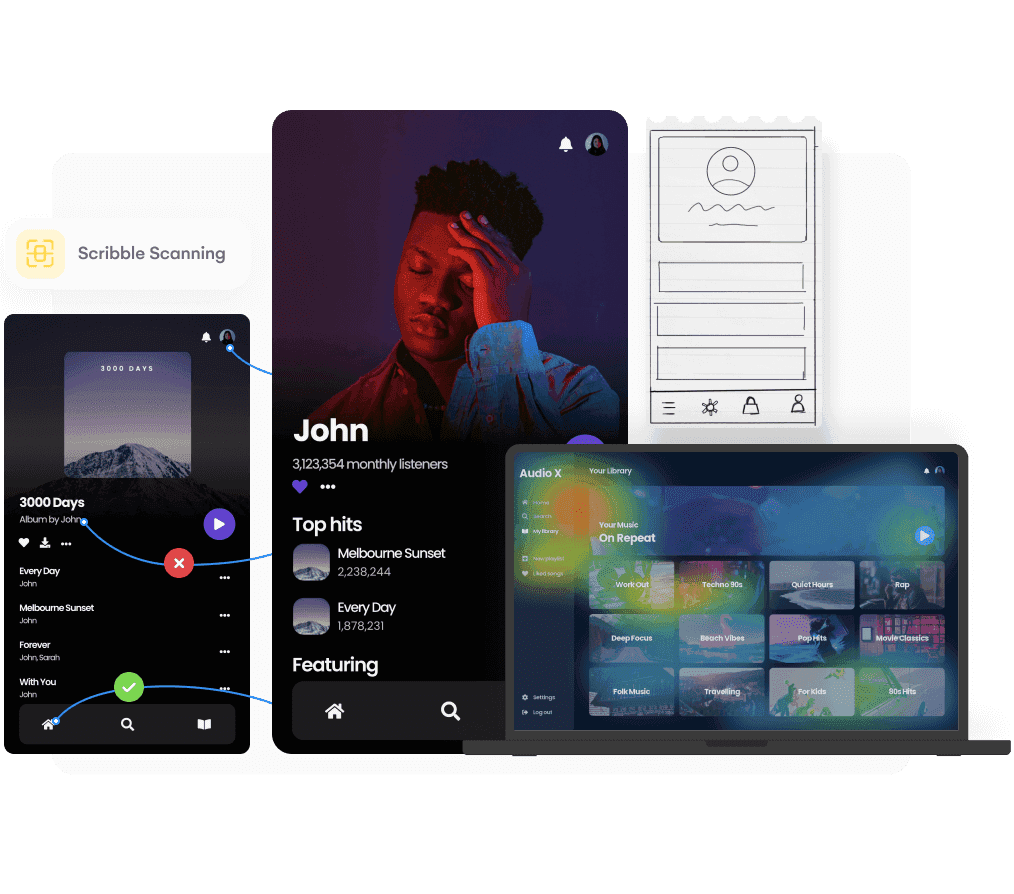 Visual showcasing multiple screens being designed in Uizard